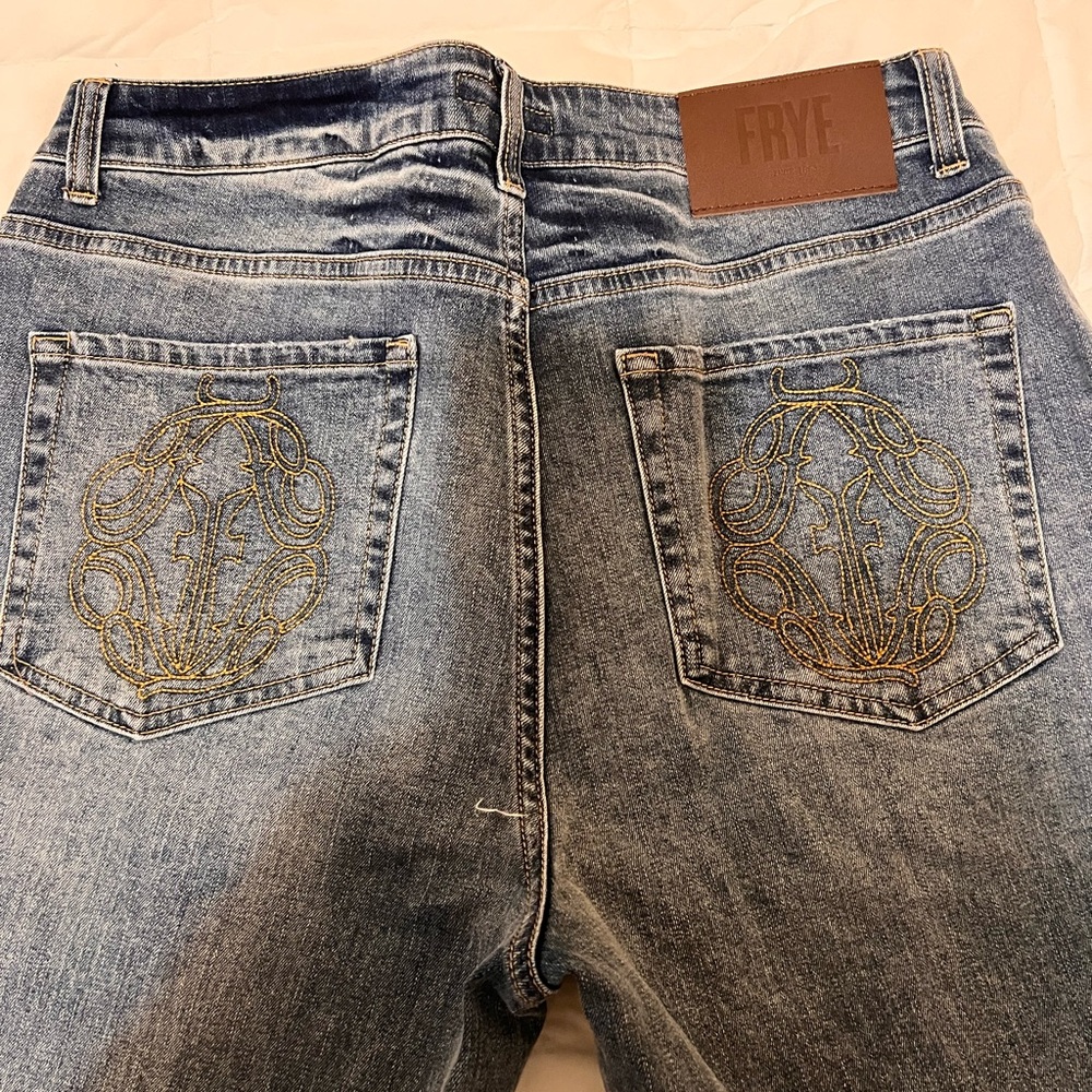 Frye Blue Boot Cut Jeans with Gold Embroidery